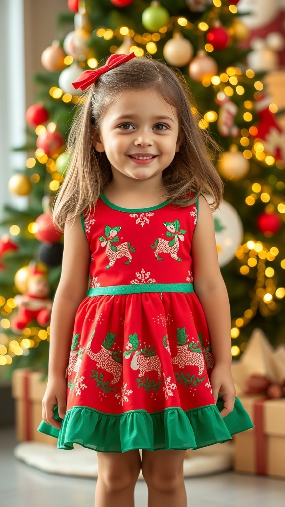 5T Christmas Dress for Kids A little girl in a red and green Christmas dress standing by a decorated tree.